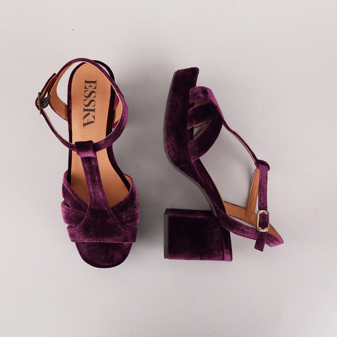 Charlie Velvet Aubergine Mid Sandal by Esska Shoes Ltd