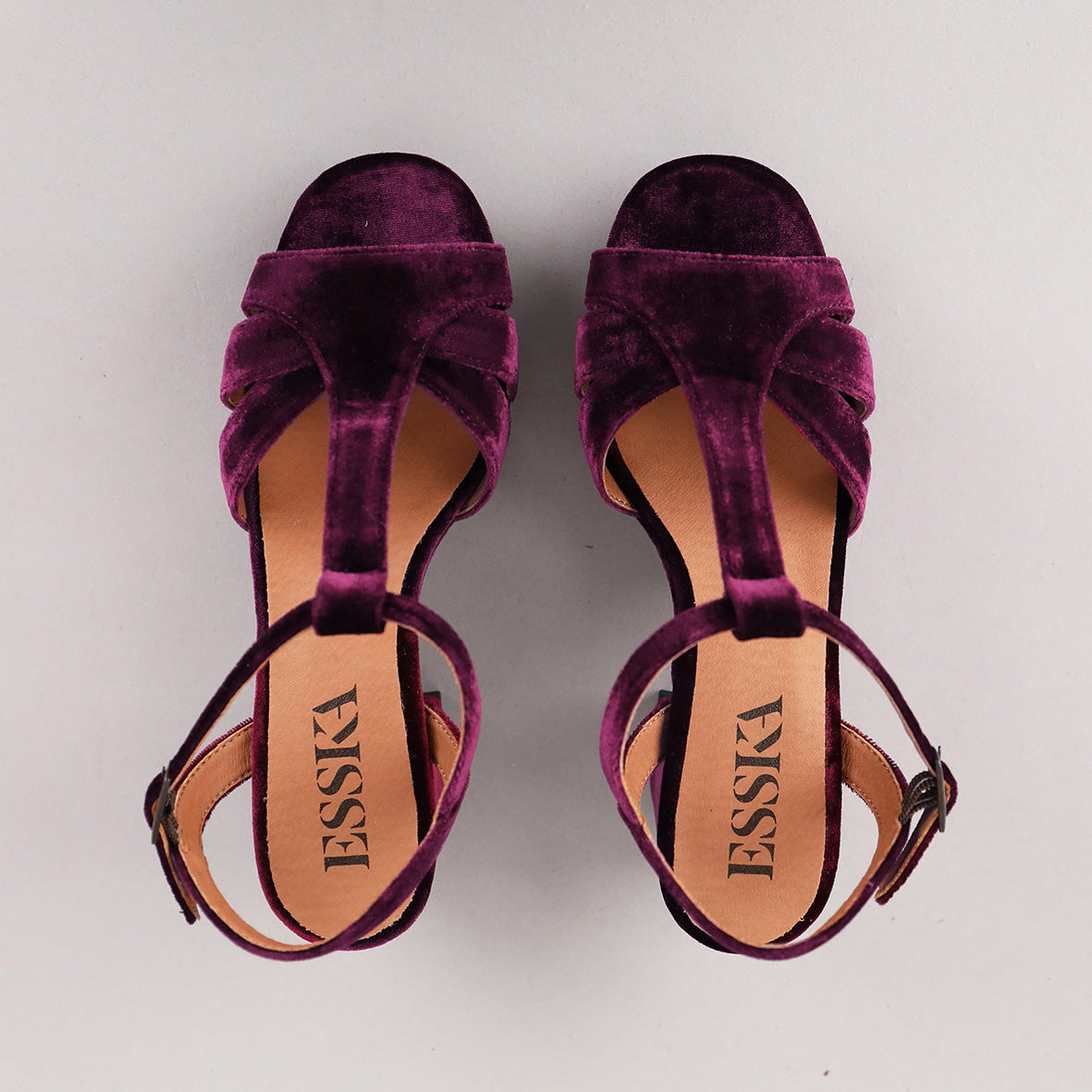 Charlie Velvet Aubergine Mid Sandal by Esska Shoes Ltd