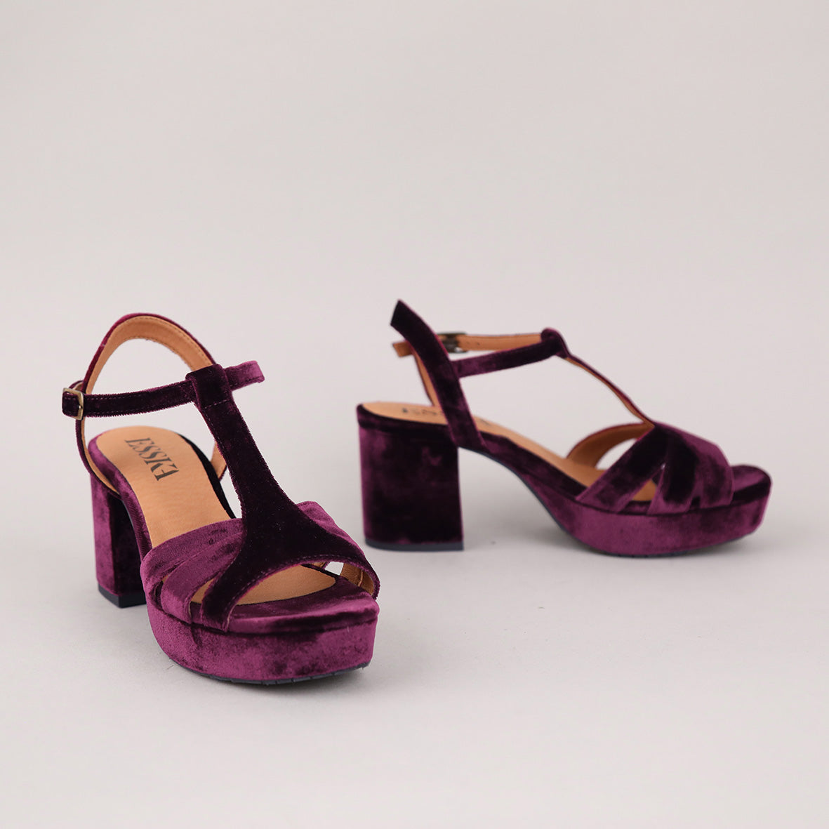 Charlie Velvet Aubergine Mid Sandal by Esska Shoes Ltd