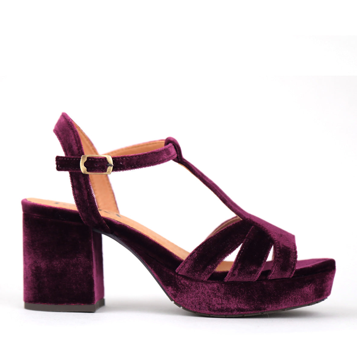 Charlie Velvet Aubergine Mid Sandal by Esska Shoes Ltd
