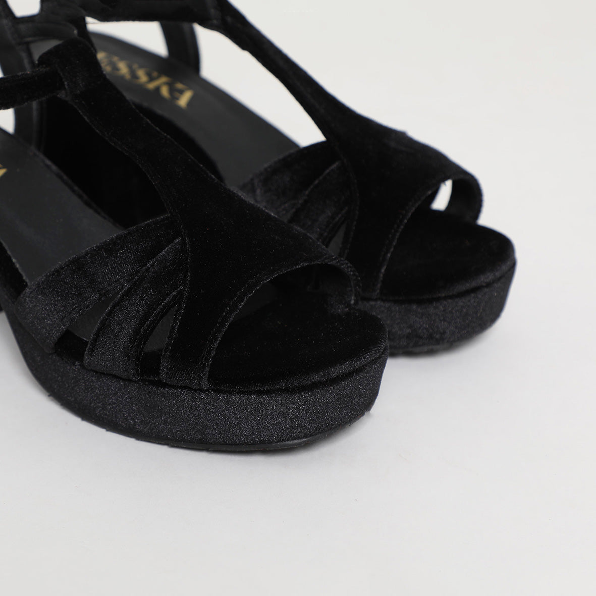 Charlie Narrow Velvet Black Mid Sandal by Esska