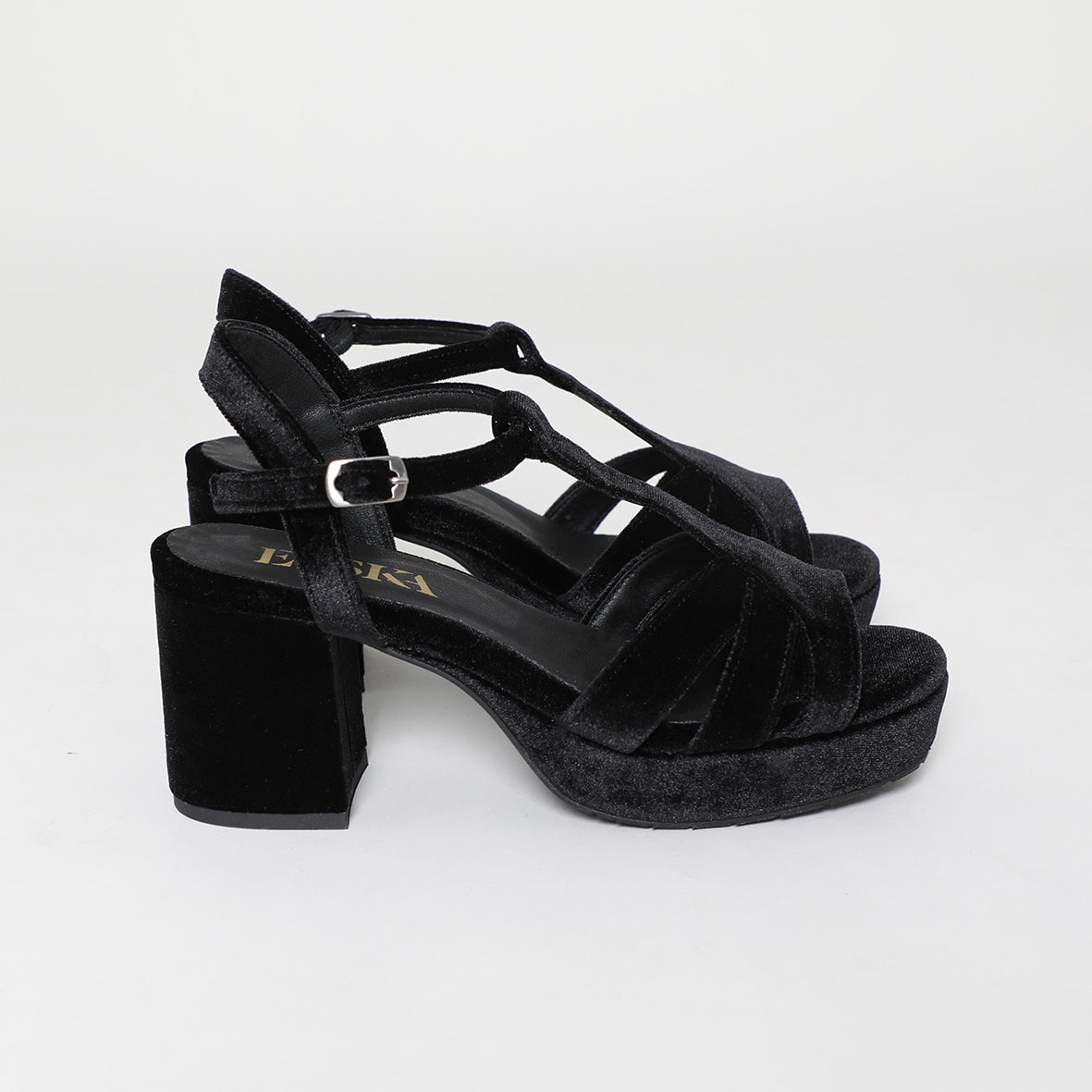 Charlie Narrow Velvet Black Mid Sandal by Esska