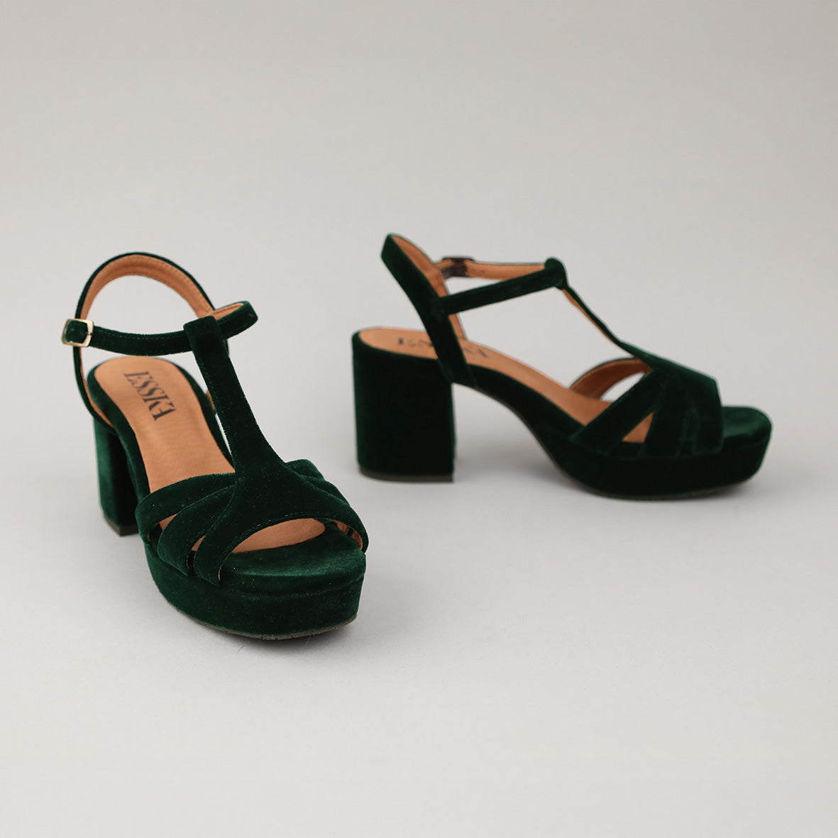 Charlie Velvet Dark Green Mid Sandal by Esska Shoes Ltd