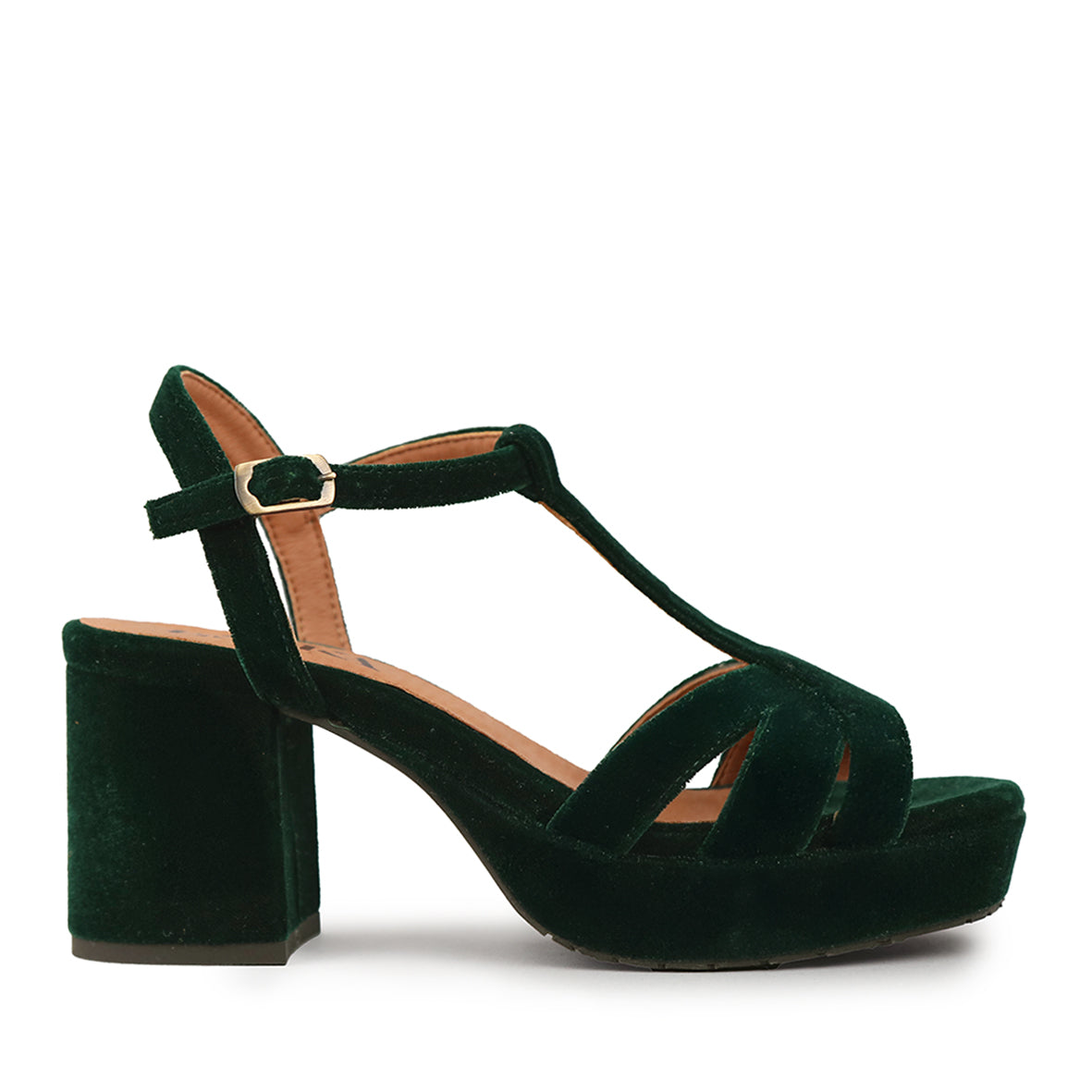 Charlie Velvet Dark Green Mid Sandal by Esska Shoes Ltd