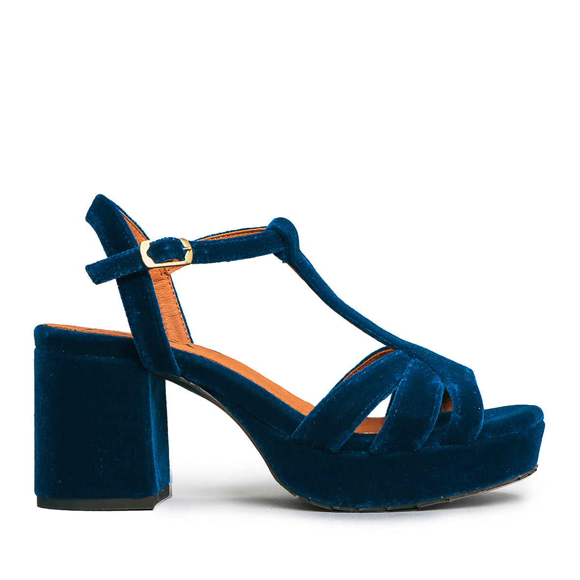 Charlie WIDE Velvet Duck Blue Mid Sandal by Esska Shoes Ltd