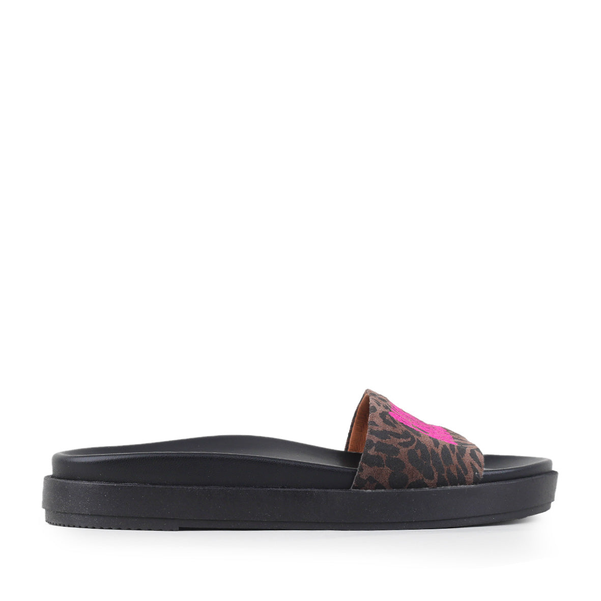 Black sandal with leopard print strap on a white background