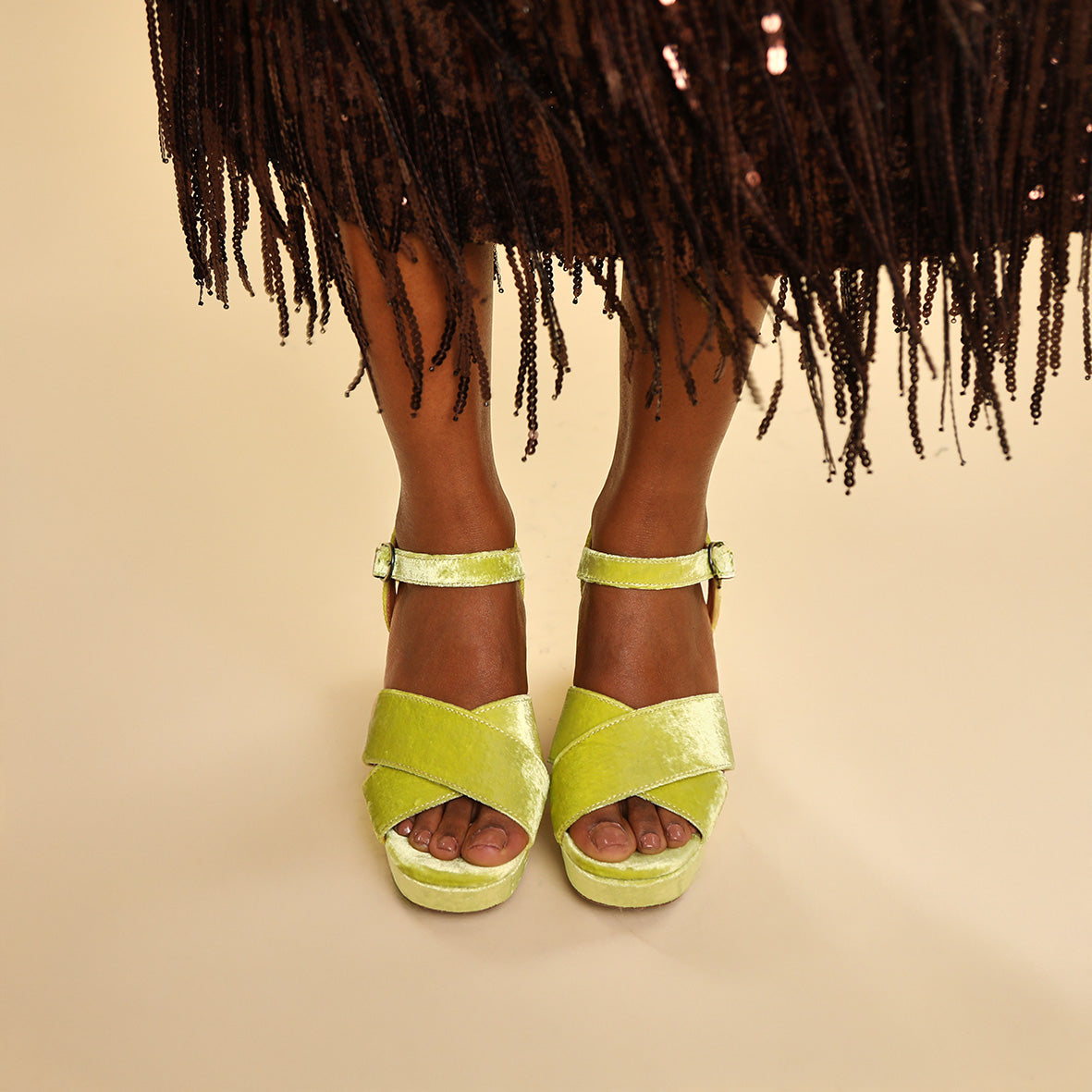 Clara Velvet Lime Mid Sandal by Esska Shoes Ltd