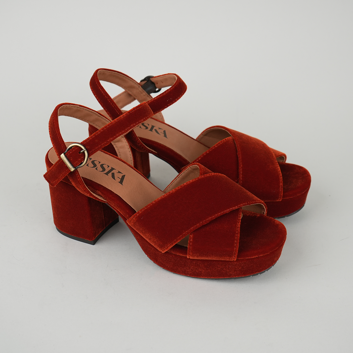 Clara Velvet Burnt Orange Mid Sandal by Esska Shoes Ltd