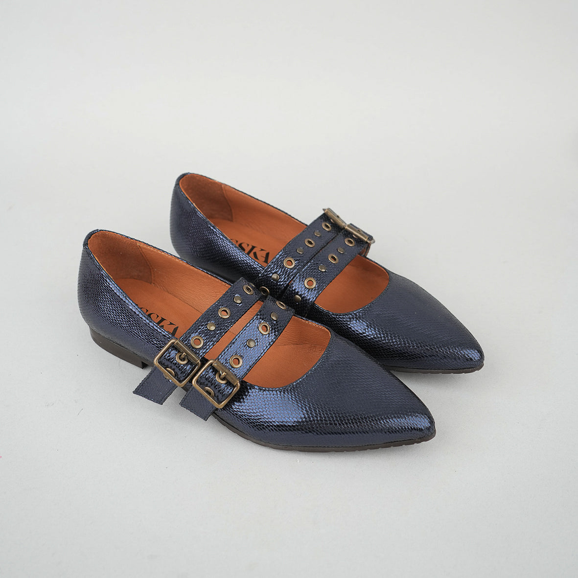Harper Metallic Navy Flat Shoe by Esska Shoes Ltd