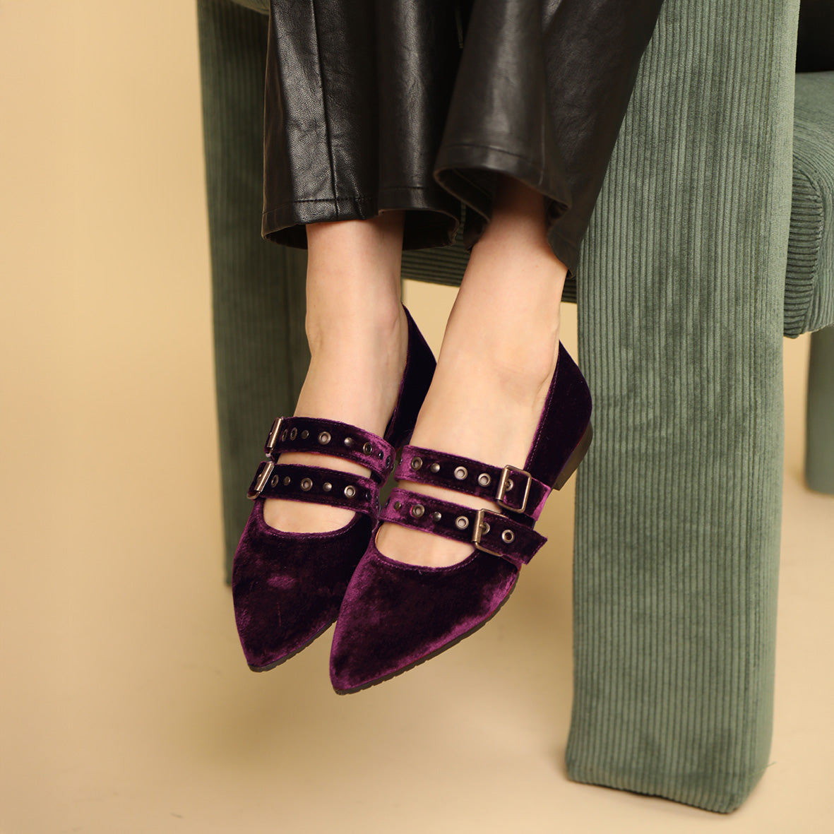 Harper WIDE Velvet Aubergine Flat Shoe by Esska Shoes Ltd