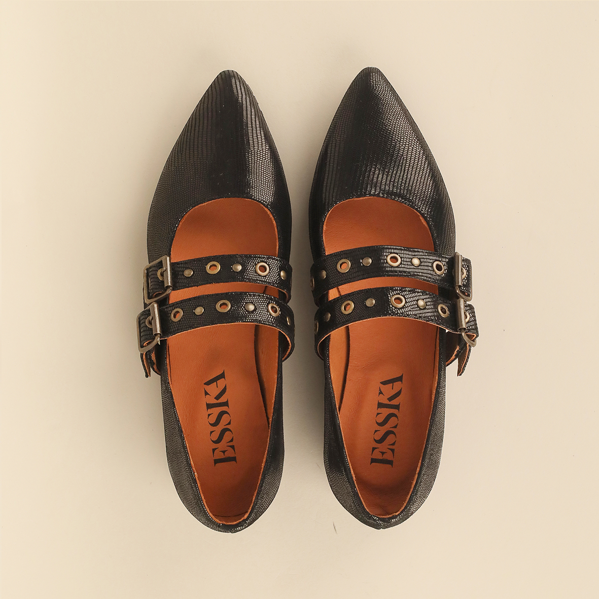 Harper Metallic Black Flat Shoe by Esska Shoes Ltd