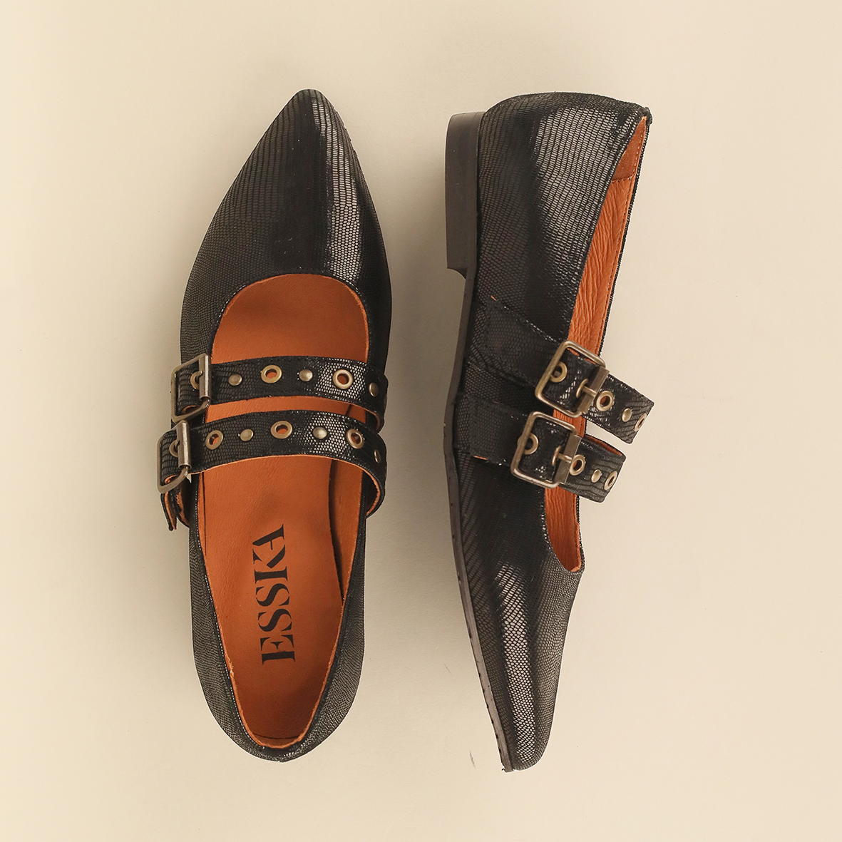 Harper Metallic Black Flat Shoe by Esska Shoes Ltd