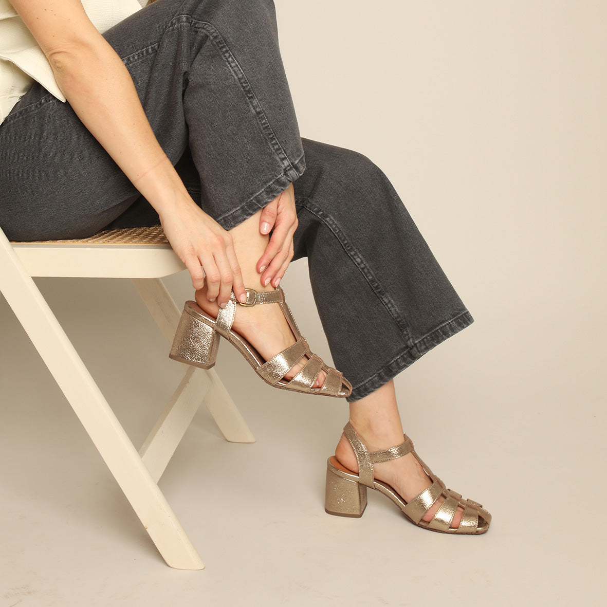 Jenny WIDE Gold Dust Mid Sandal by Esska