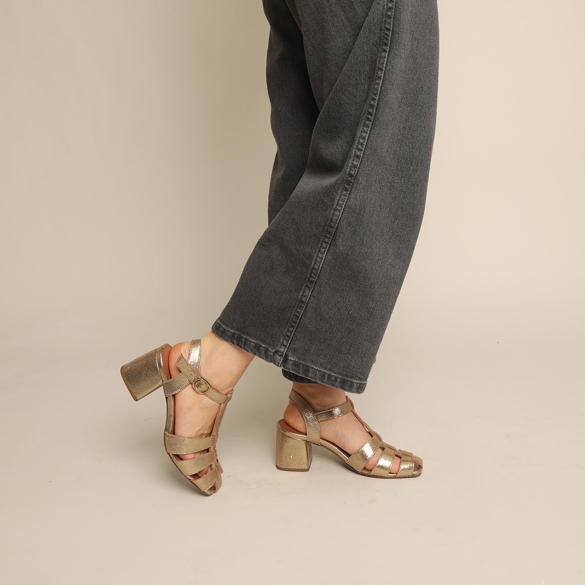 Jenny WIDE Gold Dust Mid Sandal by Esska