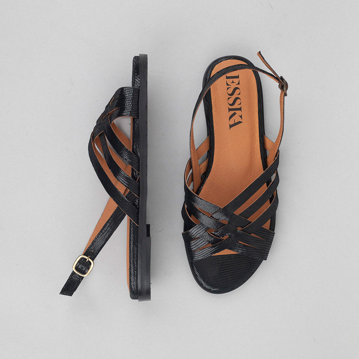 Nikita Metallic Black Flat Sandal by Esska
