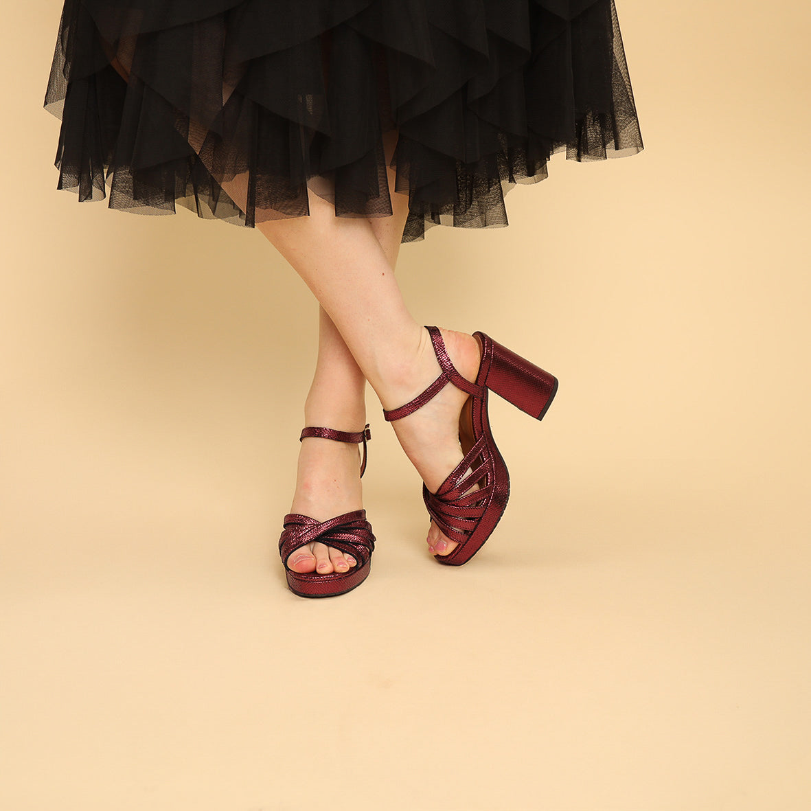 Veronica Metallic Burgundy High Sandal by Esska