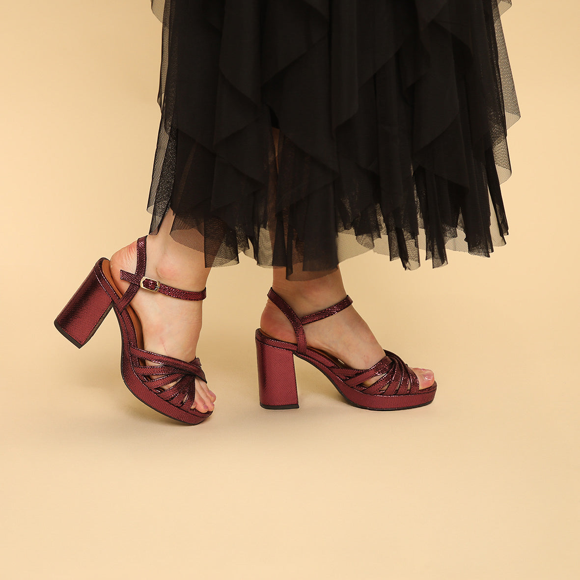 Veronica Metallic Burgundy High Sandal by Esska