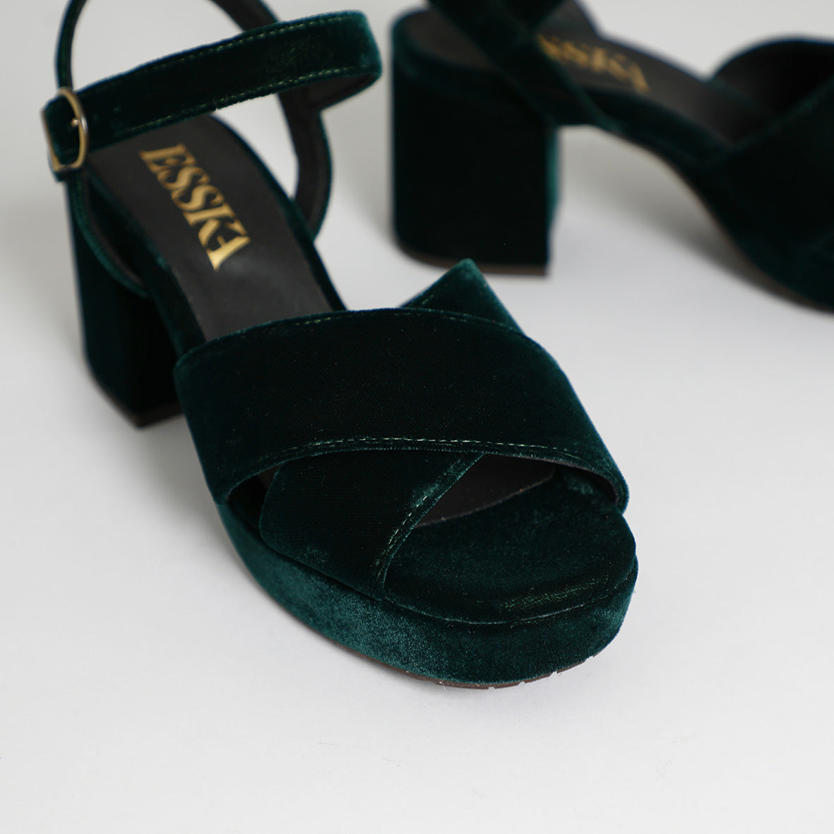 Green velvet platform store heels