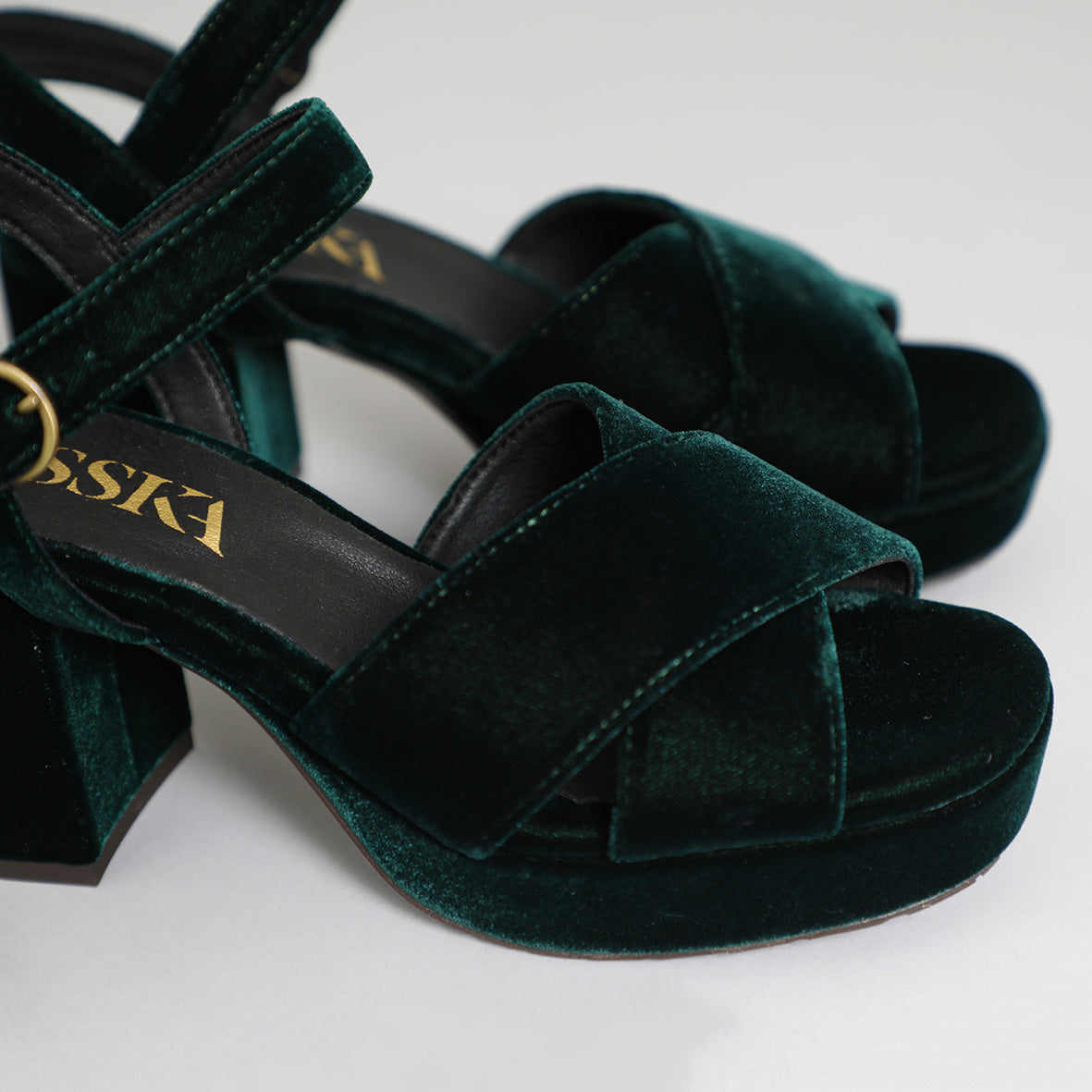 Clara Velvet Dark Green Mid Sandal by Esska Shoes Ltd