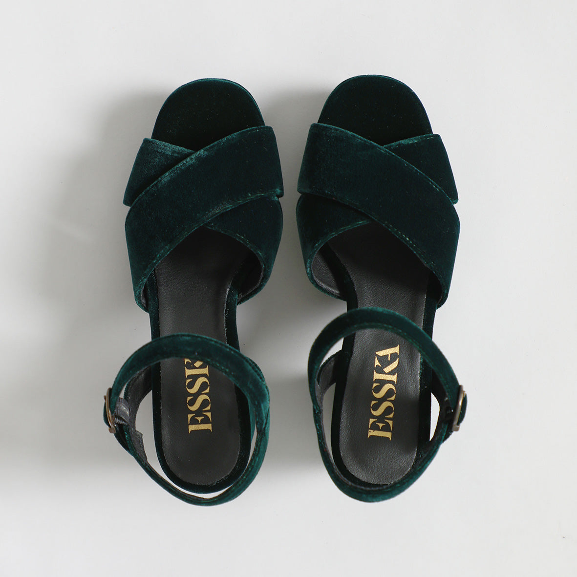Clara Velvet Dark Green Mid Sandal by Esska Shoes Ltd