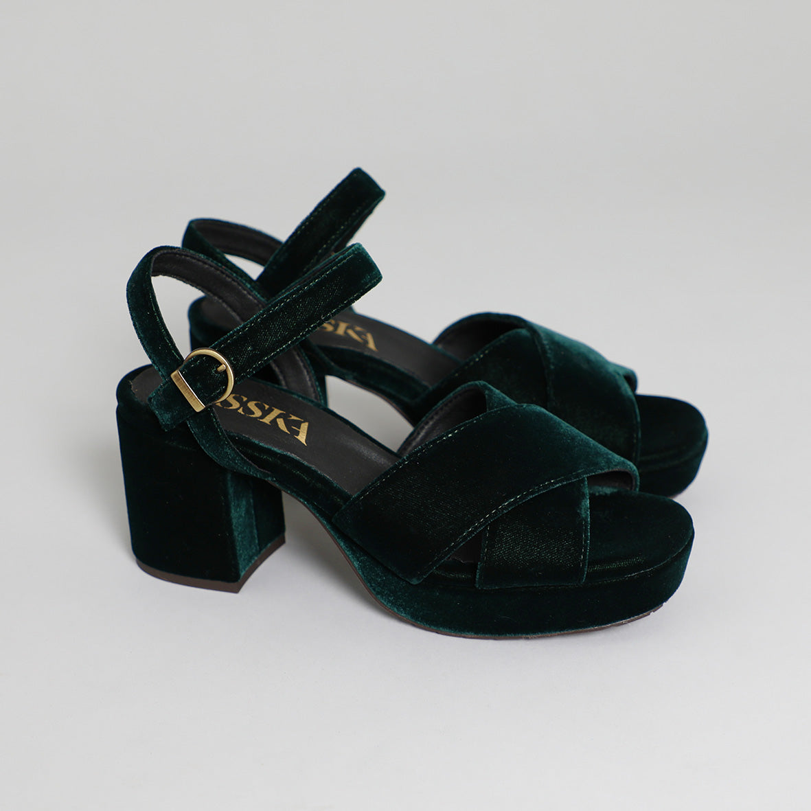 Clara Velvet Dark Green Mid Sandal by Esska Shoes Ltd