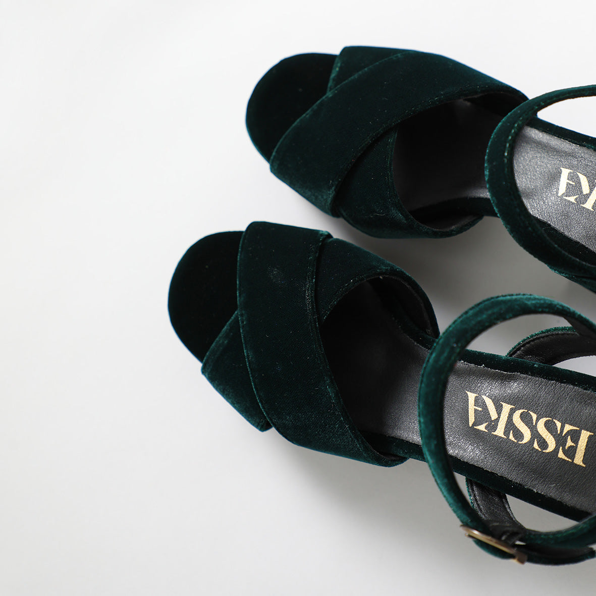 Clara Velvet Dark Green Mid Sandal by Esska Shoes Ltd